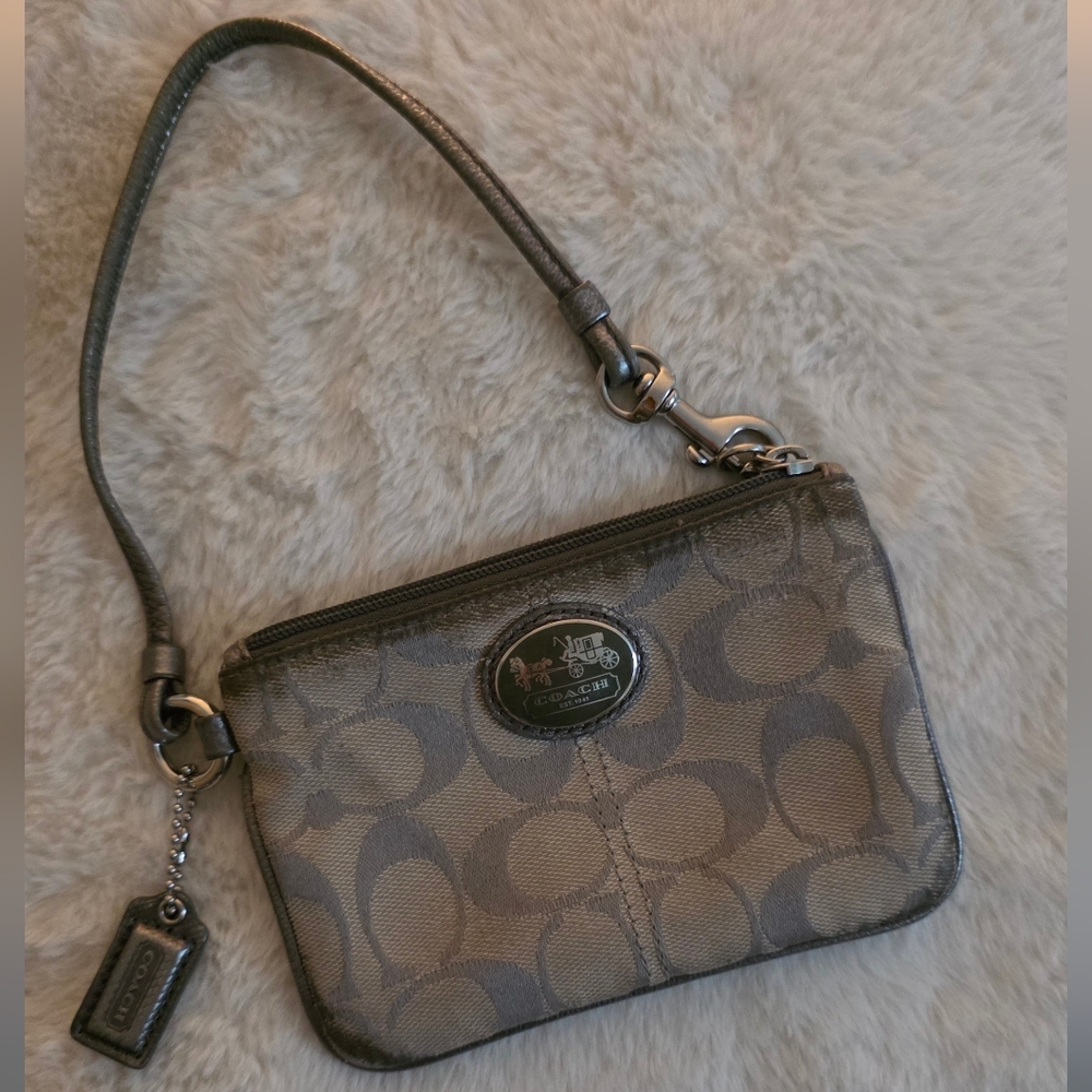 Coach Silver/Beige Metallic Signature Wristlet